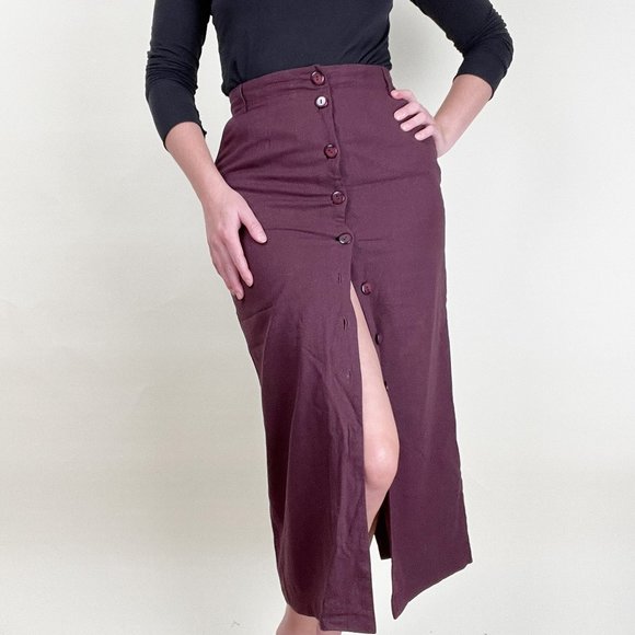 Vintage 100% Silk Midi Skirt Column Straight Cut Slit High Rise Waist Button Up - Picture 4 of 7